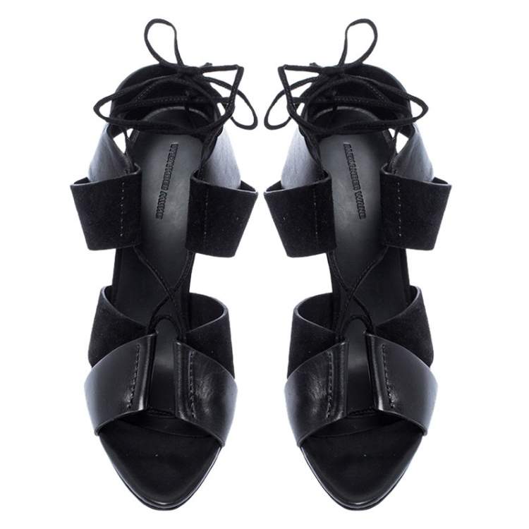 Pre Owned Alexander Wang Black Leather and Suede Malgosia Ankle Wrap Sandals Size 39.5