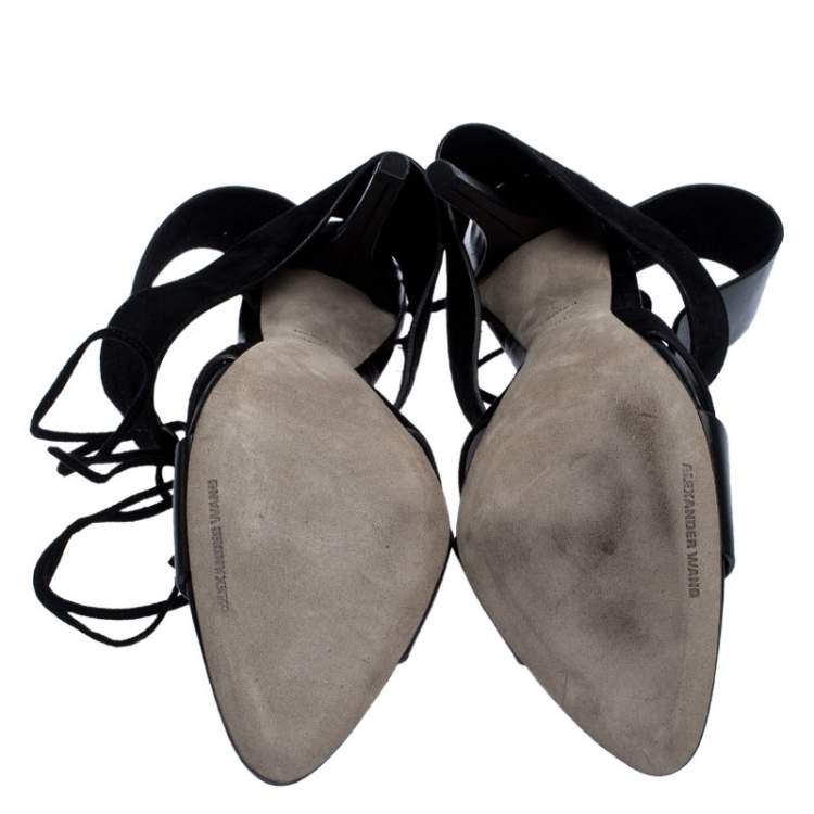 Pre Owned Alexander Wang Black Leather and Suede Malgosia Ankle Wrap Sandals Size 39.5