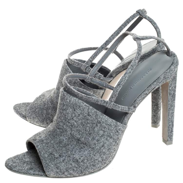 Pre Owned Alexander Wang Grey Wool Fabric Maryna Peep Toe Slingback Sandals Size 38