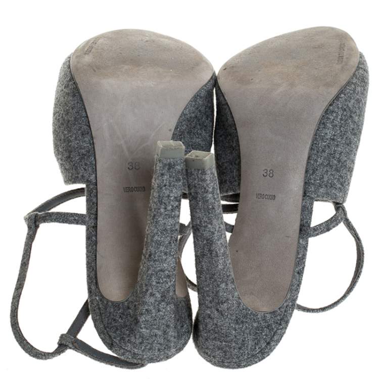 Pre Owned Alexander Wang Grey Wool Fabric Maryna Peep Toe Slingback Sandals Size 38