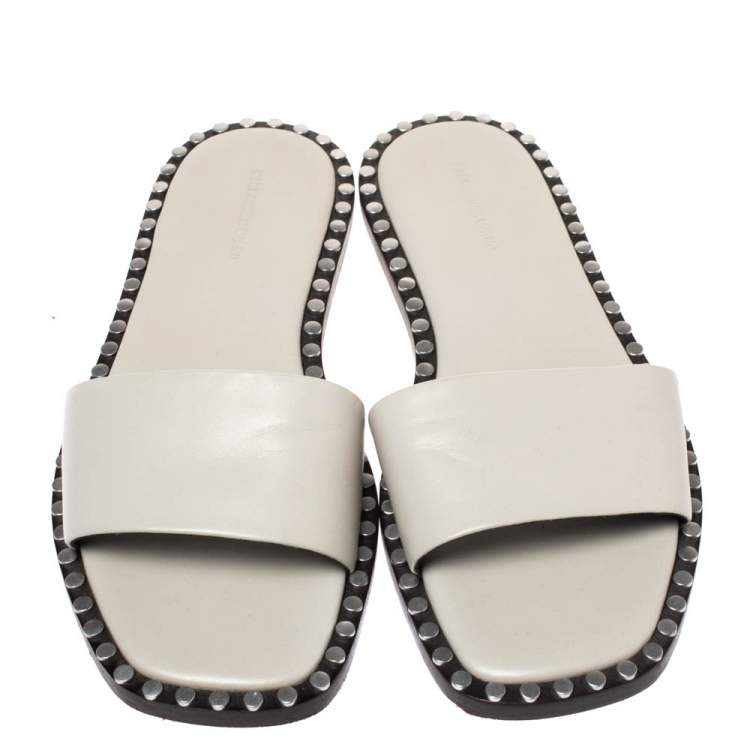 Pre Owned Alexander Wang Grey Leather Lola Studded Flat Slides Size 38