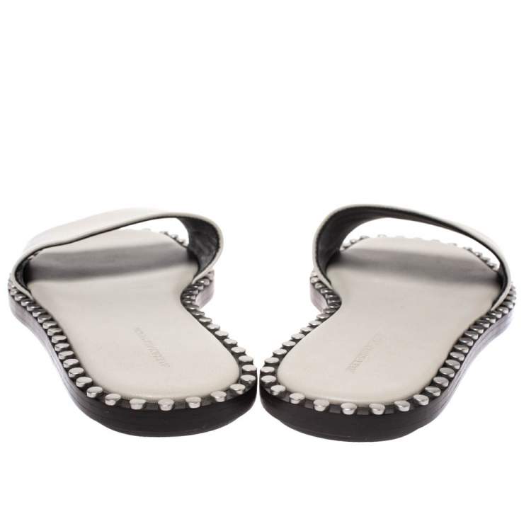 Pre Owned Alexander Wang Grey Leather Lola Studded Flat Slides Size 38