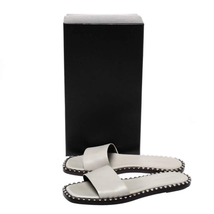 Pre Owned Alexander Wang Grey Leather Lola Studded Flat Slides Size 38