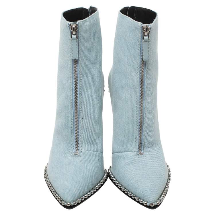 Pre Owned Alexander Wang Light Blue Wash Denim Eri Studded Pointed Toe Ankle Boots Size 40