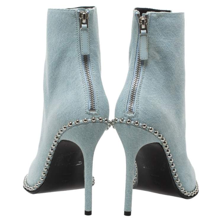 Pre Owned Alexander Wang Light Blue Wash Denim Eri Studded Pointed Toe Ankle Boots Size 40