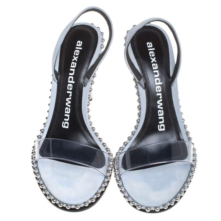Pre Owned Alexander Wang Grey Nova Studded Leather And Pvc Slingback Sandals Size 38.5