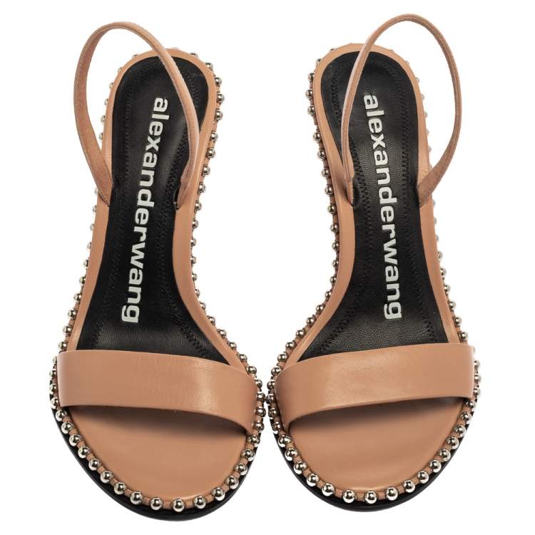 Pre Owned Alexander Wang Beige Leather Nova Studded Slingback Sandals Size 37.5