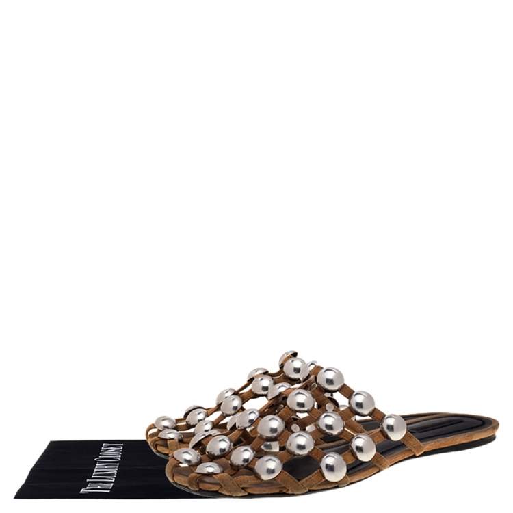 Pre Owned Alexander Wang Beige Suede Embellished Flat Sandals Size 40 