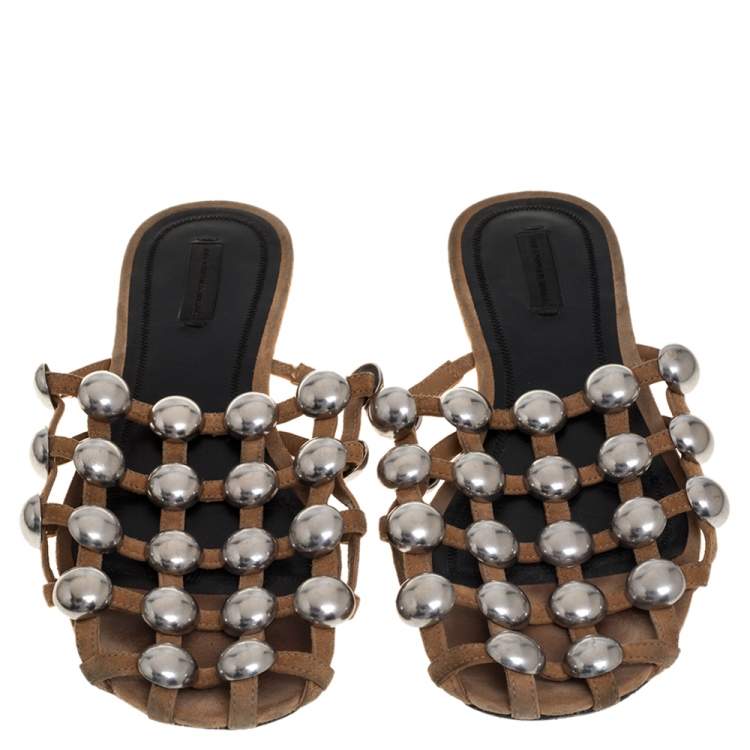 Pre Owned Alexander Wang Beige Suede Embellished Flat Sandals Size 40 