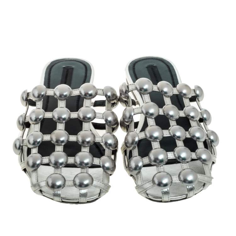 Pre Owned Alexander Wang Silver Leather Amelia Studded Flat Slides Size 39