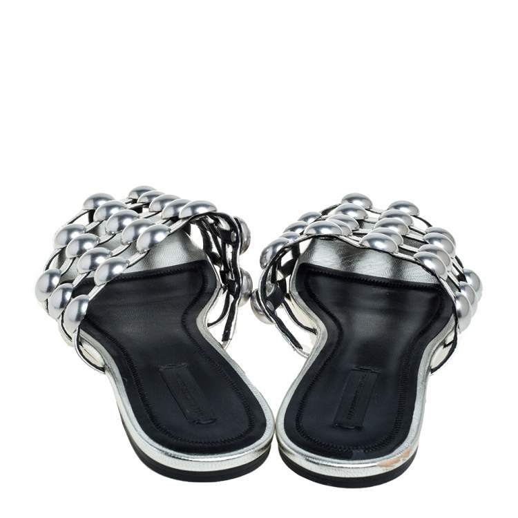 Pre Owned Alexander Wang Silver Leather Amelia Studded Flat Slides Size 39