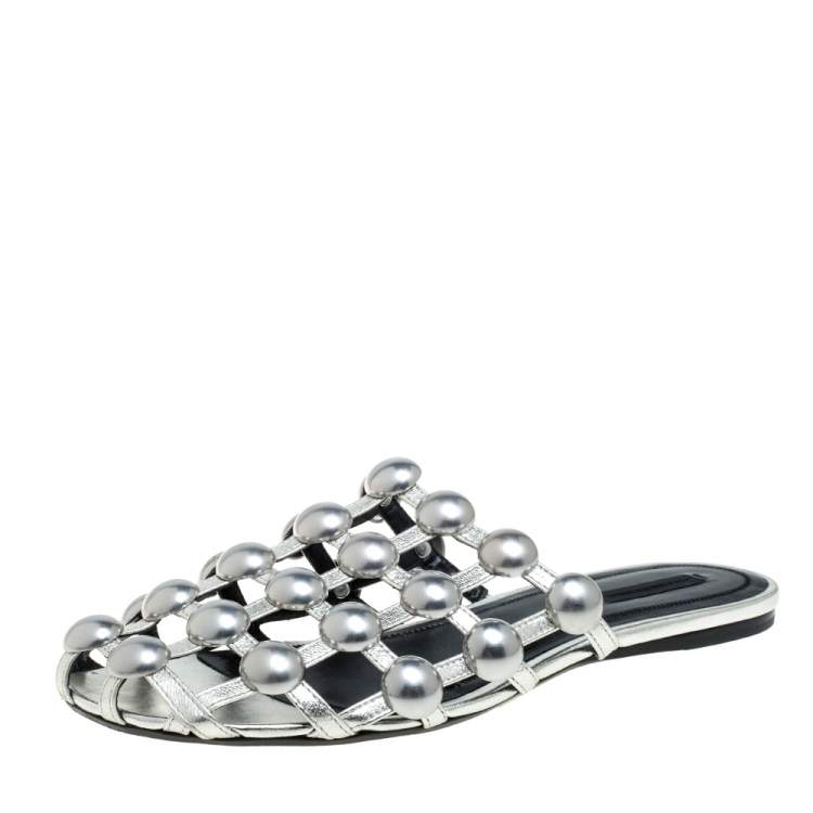 Pre Owned Alexander Wang Silver Leather Amelia Studded Flat Slides Size 39