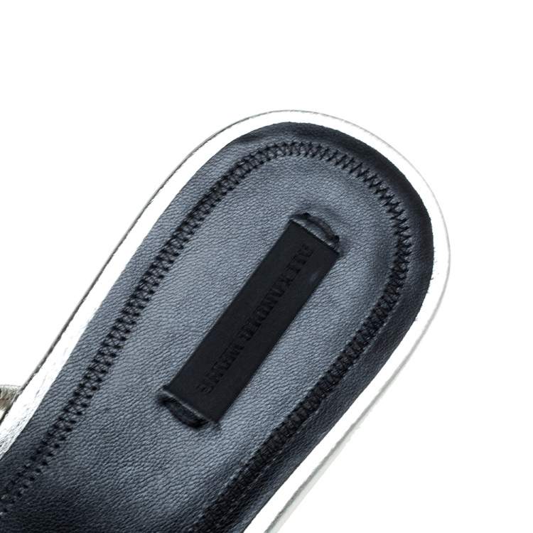 Pre Owned Alexander Wang Silver Leather Amelia Studded Flat Slides Size 39