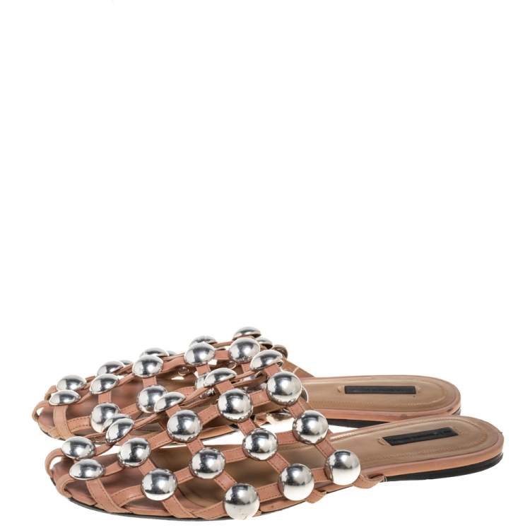 Pre Owned Alexander Wang Beige Leather Amelia Studded Flat Mules Size 40