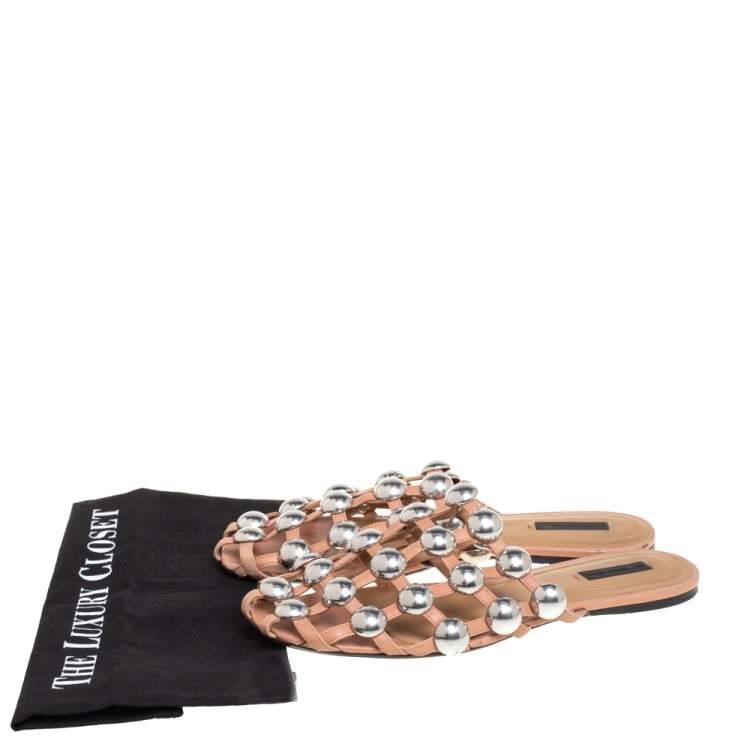 Pre Owned Alexander Wang Beige Leather Amelia Studded Flat Mules Size 40