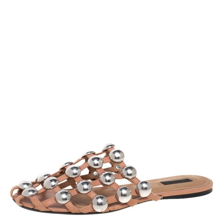 Pre Owned Alexander Wang Beige Leather Amelia Studded Flat Mules Size 40