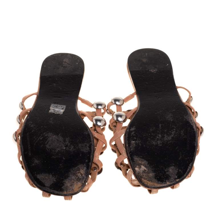 Pre Owned Alexander Wang Beige Leather Amelia Studded Flat Mules Size 40