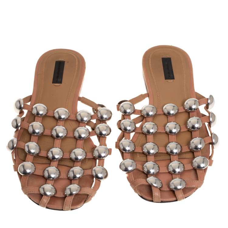 Pre Owned Alexander Wang Beige Leather Amelia Studded Flat Mules Size 40