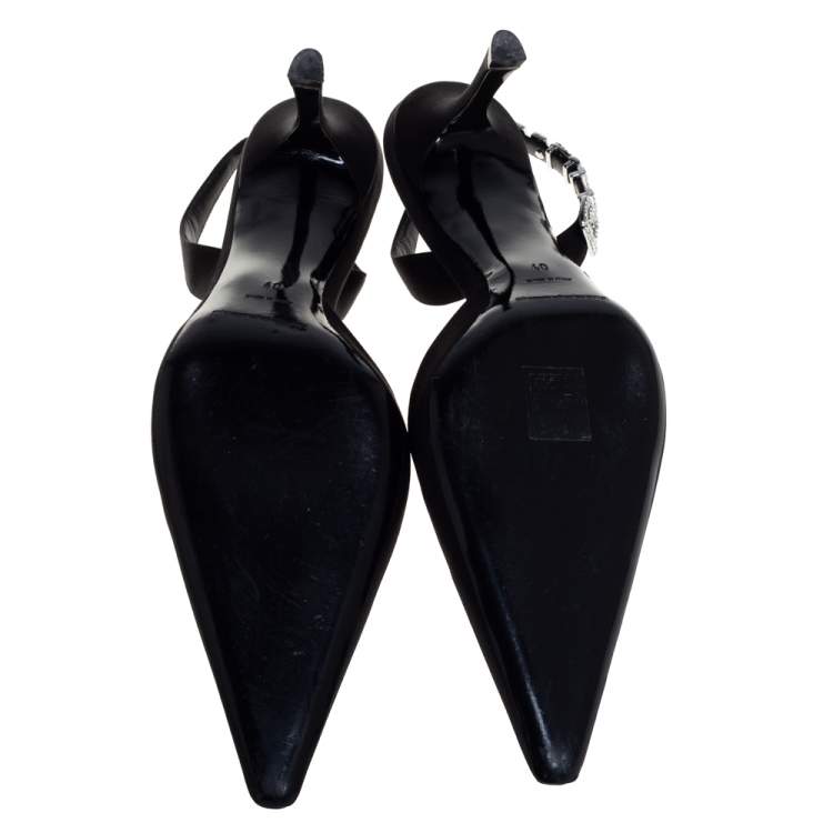 Pre Owned Alexander Wang Black Satin Crystal Embellished Logo Slingback Pointed Toe Sandals Size 40