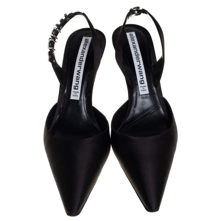 Pre Owned Alexander Wang Black Satin Crystal Embellished Logo Slingback Pointed Toe Sandals Size 40