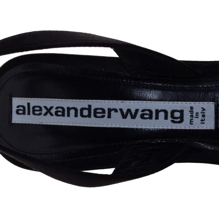 Pre Owned Alexander Wang Black Satin Crystal Embellished Logo Slingback Pointed Toe Sandals Size 40