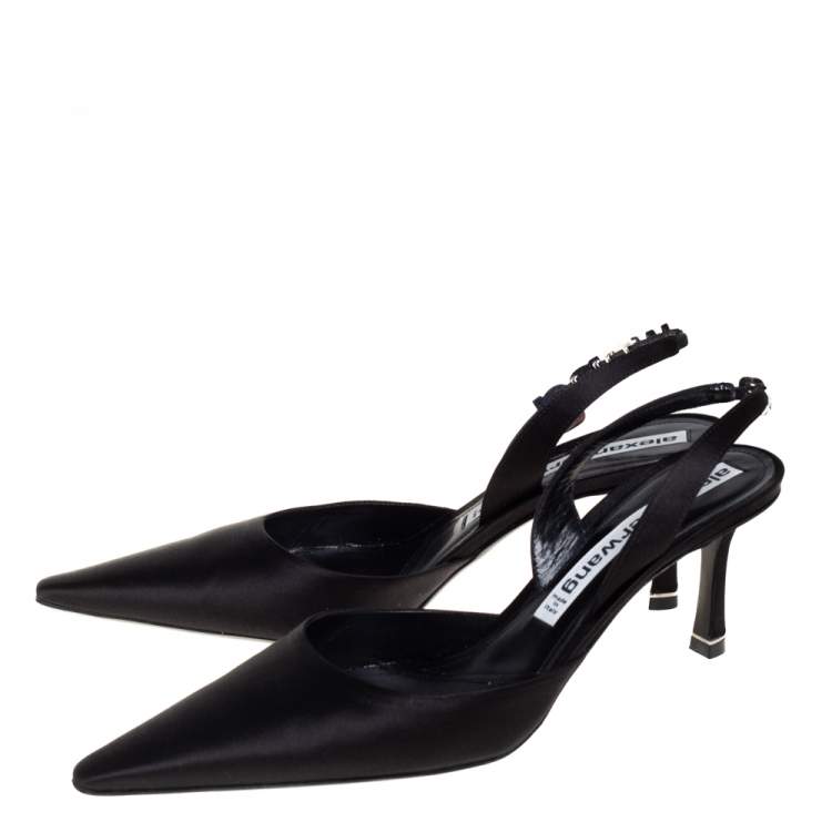 Pre Owned Alexander Wang Black Satin Crystal Embellished Logo Slingback Pointed Toe Sandals Size 40
