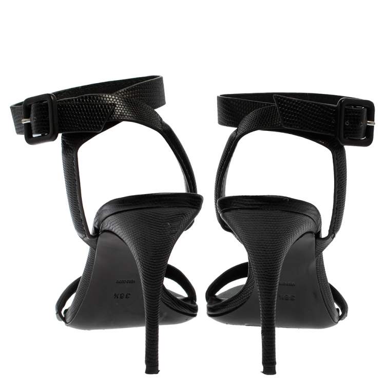 Pre Owned Alexander Wang Black Lizard Embossed Leather Antonia Ankle Wrap Sandals Size 38.5
