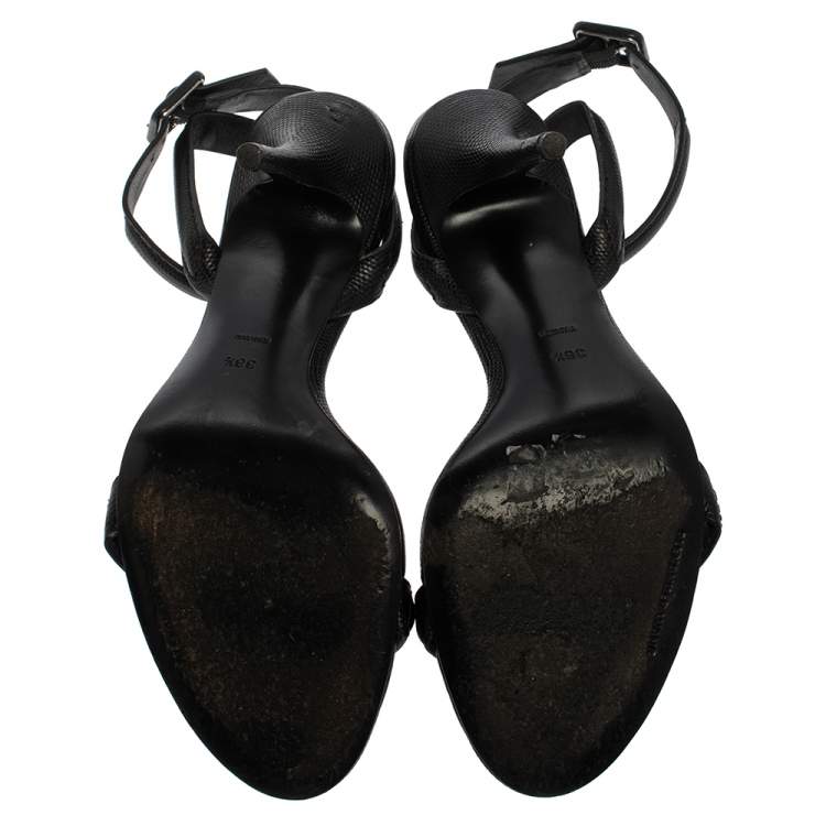Pre Owned Alexander Wang Black Lizard Embossed Leather Antonia Ankle Wrap Sandals Size 38.5