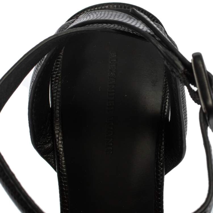 Pre Owned Alexander Wang Black Lizard Embossed Leather Antonia Ankle Wrap Sandals Size 38.5