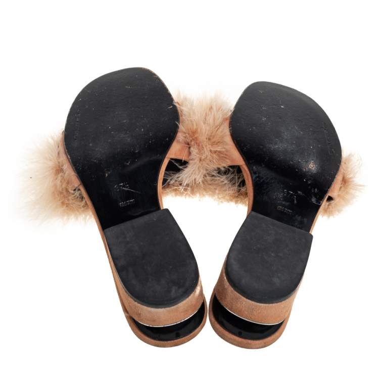 Pre Owned Alexander Wang Beige Suede And Feather Slip On Sandals Size 37.5
