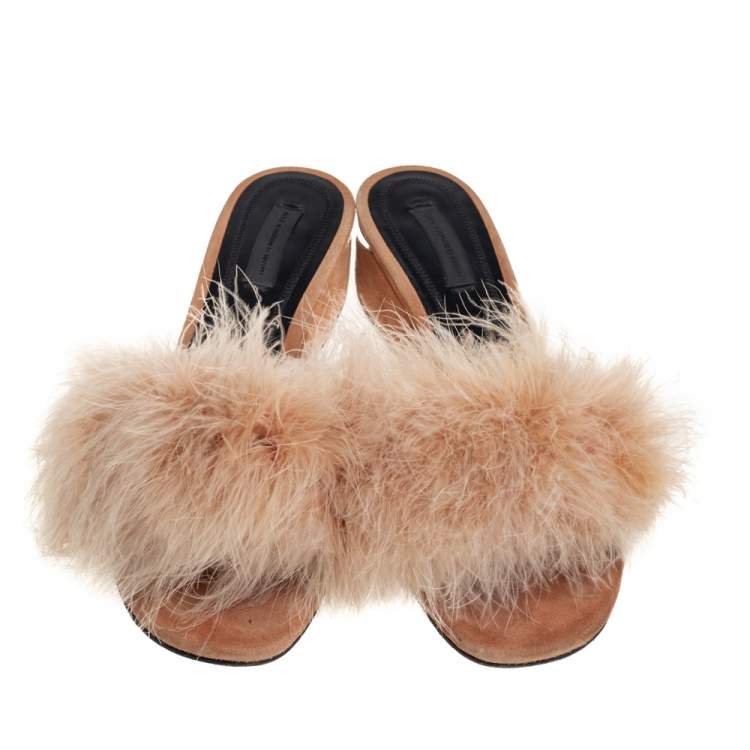 Pre Owned Alexander Wang Beige Suede And Feather Slip On Sandals Size 37.5