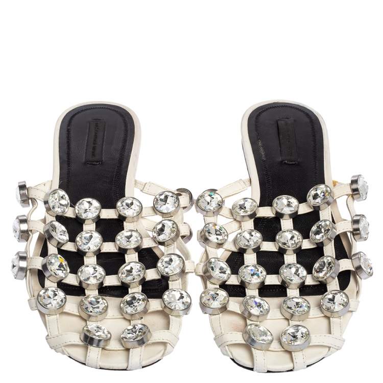 Pre Owned Alexander Wang White Leather Crystal Cage Amelia Flats Size 38