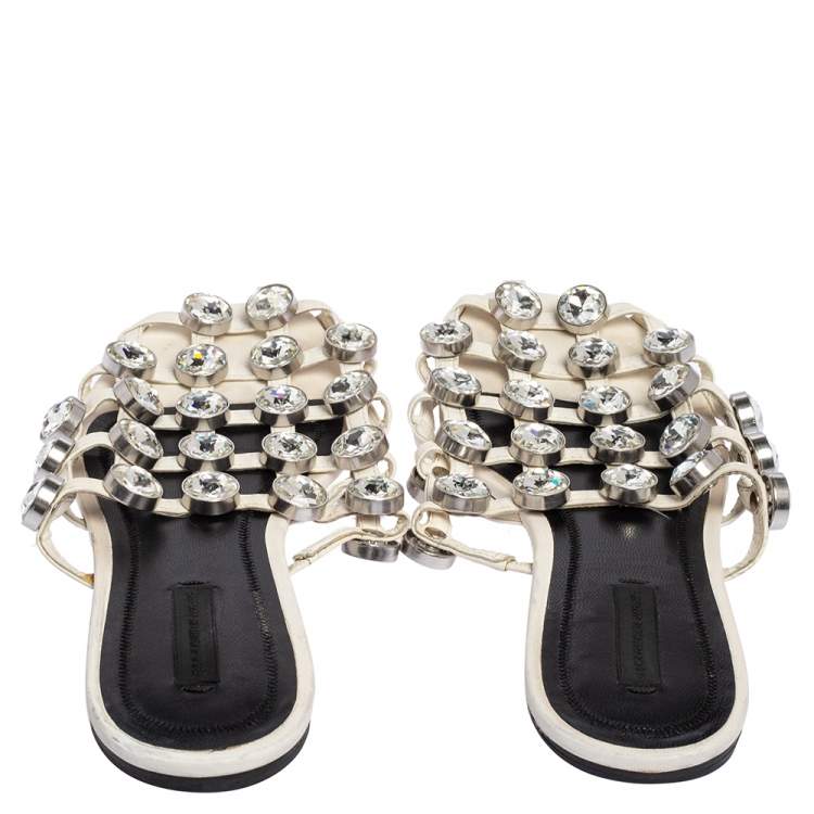 Pre Owned Alexander Wang White Leather Crystal Cage Amelia Flats Size 38