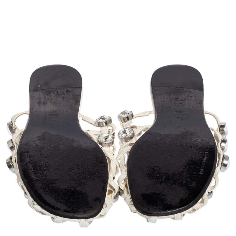 Pre Owned Alexander Wang White Leather Crystal Cage Amelia Flats Size 38