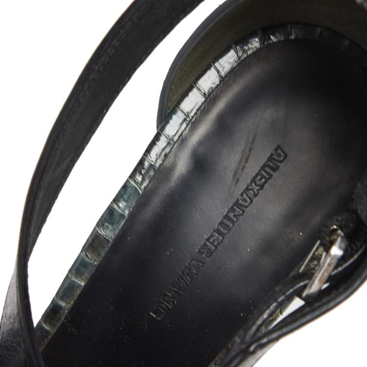 Pre Owned Alexander Wang Black /Green Python Embossed And Leather Lovisa Pointed Toe Ankle Sandals Size 37.5