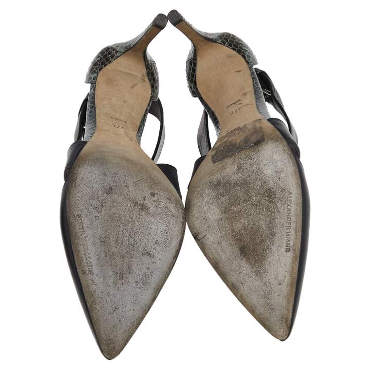Pre Owned Alexander Wang Black /Green Python Embossed And Leather Lovisa Pointed Toe Ankle Sandals Size 37.5