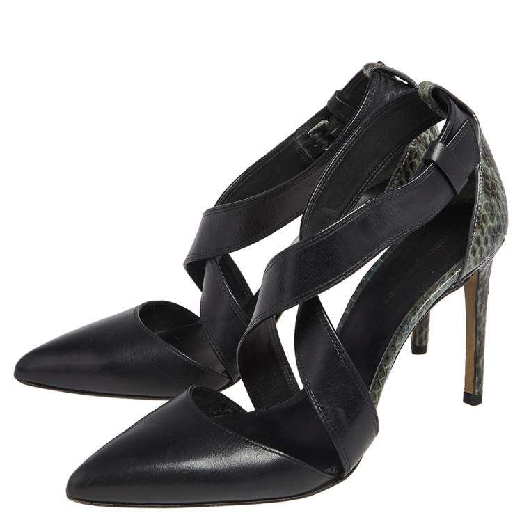 Pre Owned Alexander Wang Black /Green Python Embossed And Leather Lovisa Pointed Toe Ankle Sandals Size 37.5