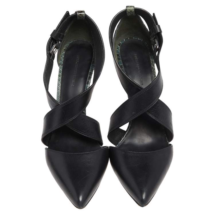 Pre Owned Alexander Wang Black /Green Python Embossed And Leather Lovisa Pointed Toe Ankle Sandals Size 37.5