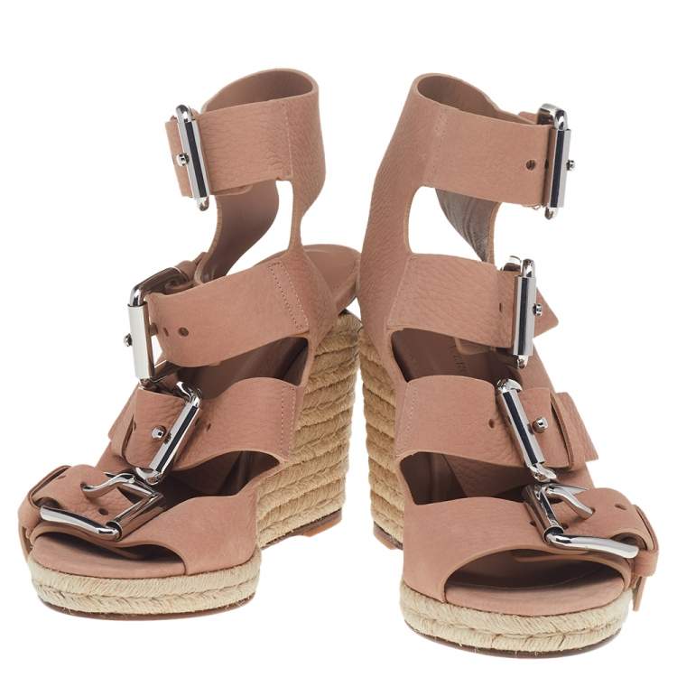 Pre Owned Alexander Wang Beige Leather Buckle Ankle Cuff Espadrille Sandals Size 39