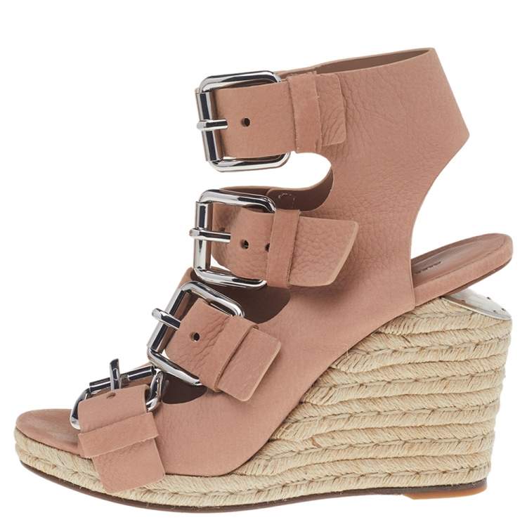 Pre Owned Alexander Wang Beige Leather Buckle Ankle Cuff Espadrille Sandals Size 39