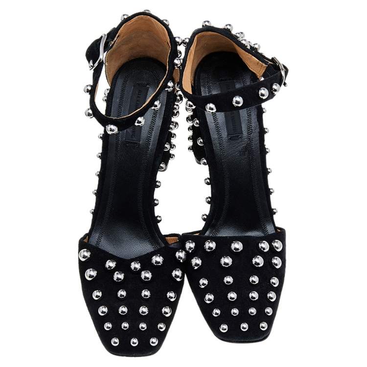 Pre Owned Alexander Wang Black Suede Studded Block Heel Ankle Strap Sandals Size 38