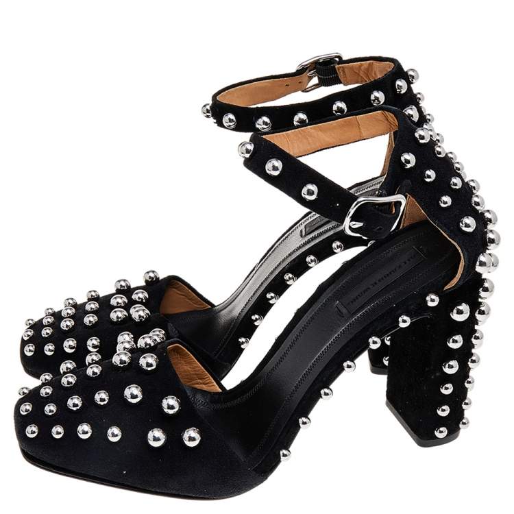 Pre Owned Alexander Wang Black Suede Studded Block Heel Ankle Strap Sandals Size 38
