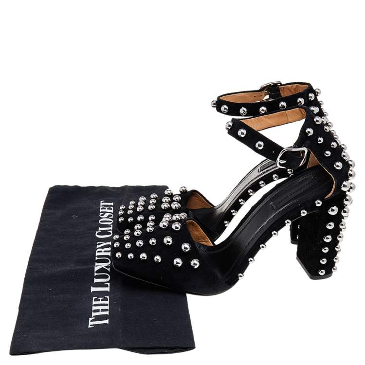 Pre Owned Alexander Wang Black Suede Studded Block Heel Ankle Strap Sandals Size 38