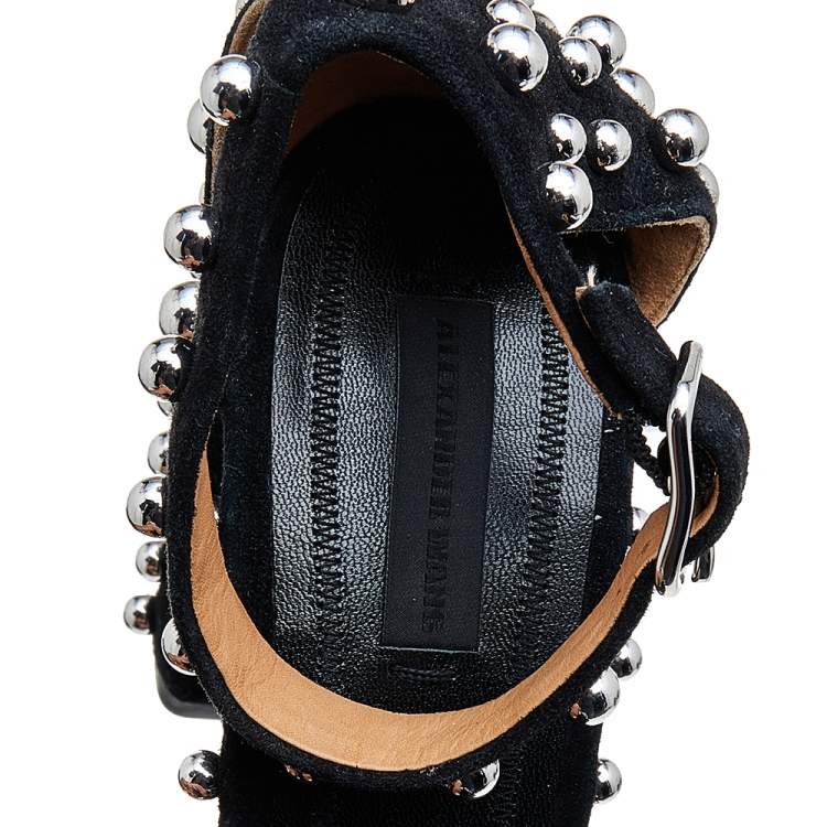Pre Owned Alexander Wang Black Suede Studded Block Heel Ankle Strap Sandals Size 38