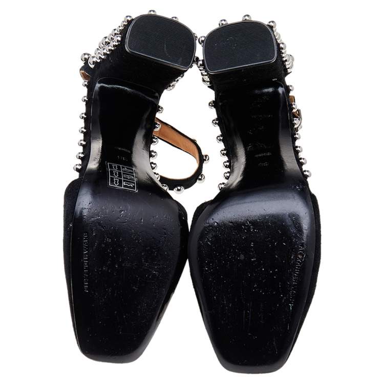 Pre Owned Alexander Wang Black Suede Studded Block Heel Ankle Strap Sandals Size 38