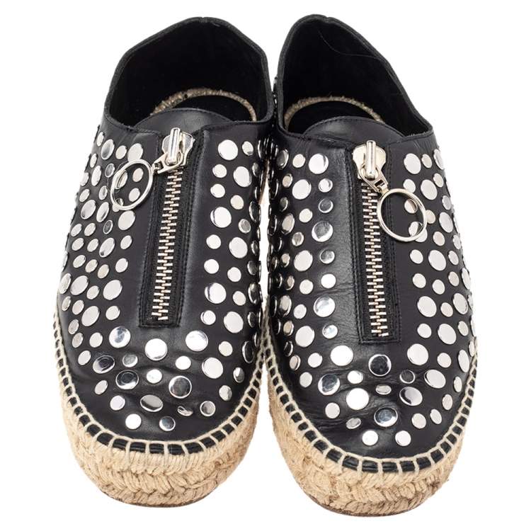 Pre Owned Alexander Wang Black Embellished Leather Platform Espadrille Flats Size 38