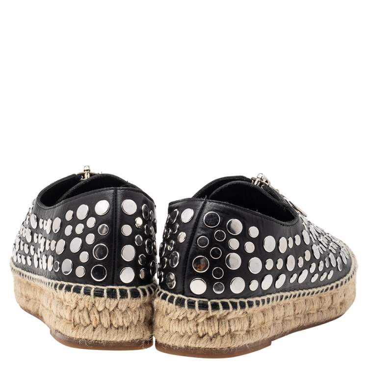 Pre Owned Alexander Wang Black Embellished Leather Platform Espadrille Flats Size 38