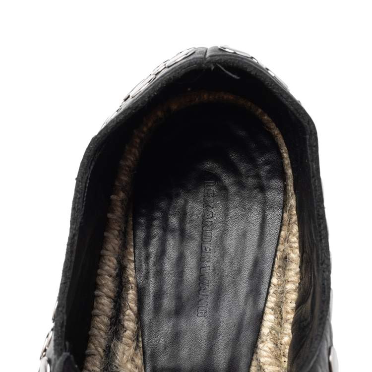 Pre Owned Alexander Wang Black Embellished Leather Platform Espadrille Flats Size 38