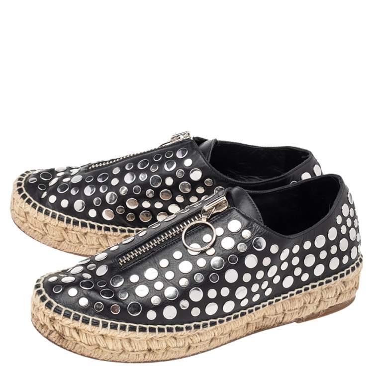 Pre Owned Alexander Wang Black Embellished Leather Platform Espadrille Flats Size 38