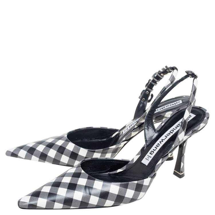 Pre Owned Alexander Wang Grey/Black Leather Crystal Embellished Logo Slingback Pointed Toe Sandals Size 40